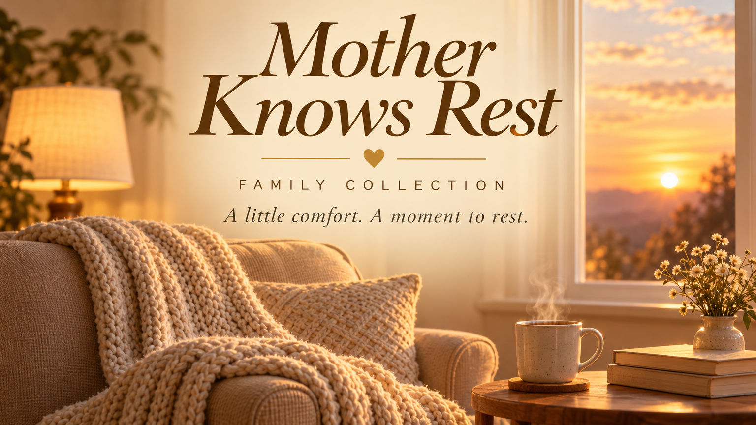 Mother Knows Rest cover: a knitted blanket on an armchair beside a lamp and a sunset window