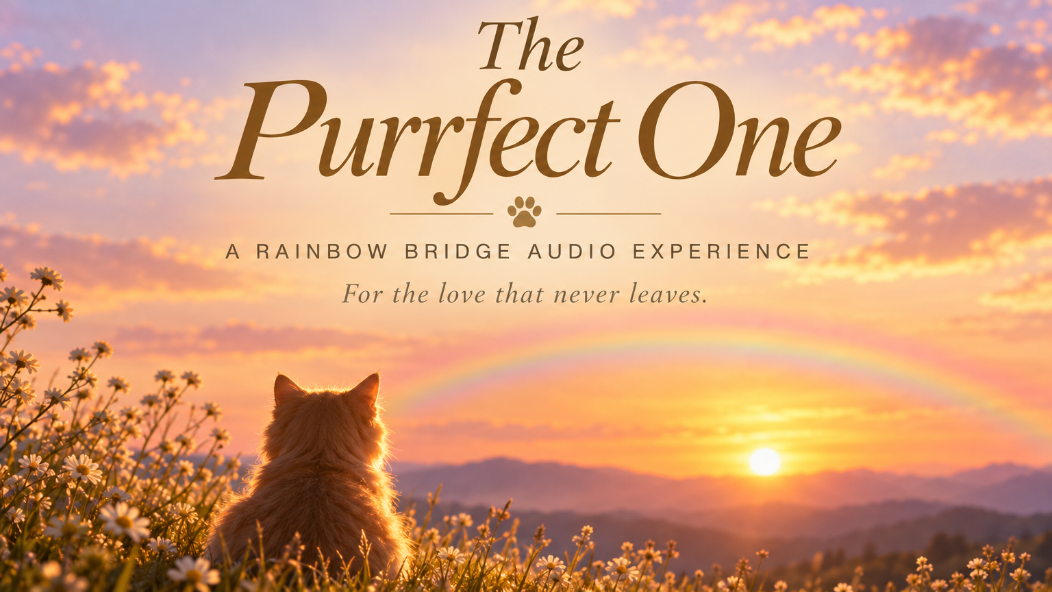 The Purrfect One cover: a sunset sky with a soft rainbow over a flower meadow
